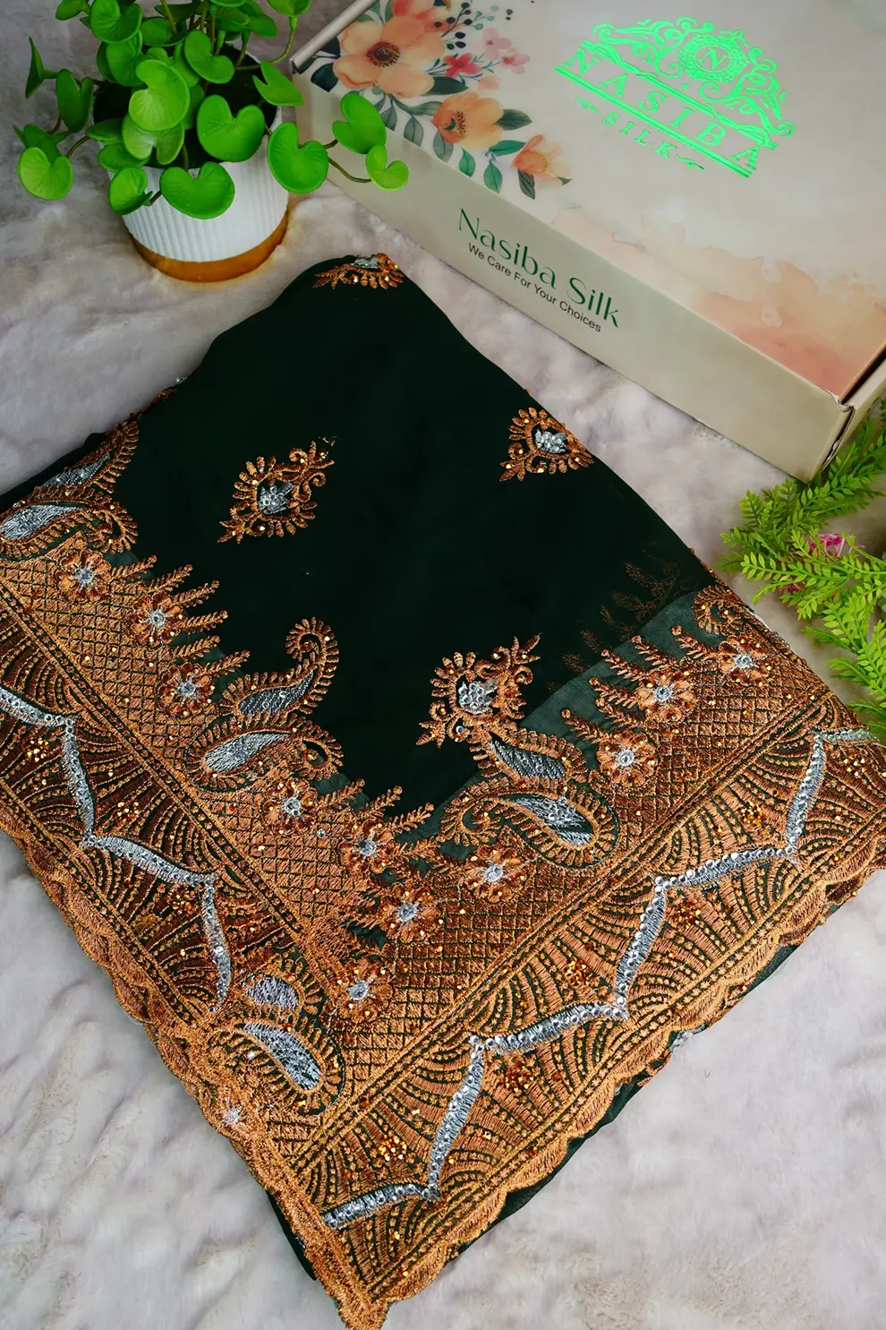 Bottle Green soft Chiffon Georgatte saree